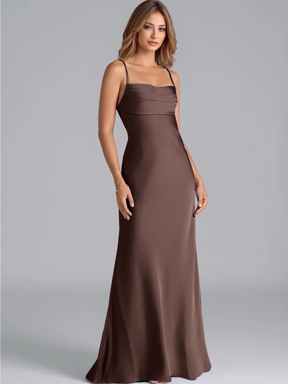 Azazie Chocolate Brown Seema Stretch Satin Maxi Dress